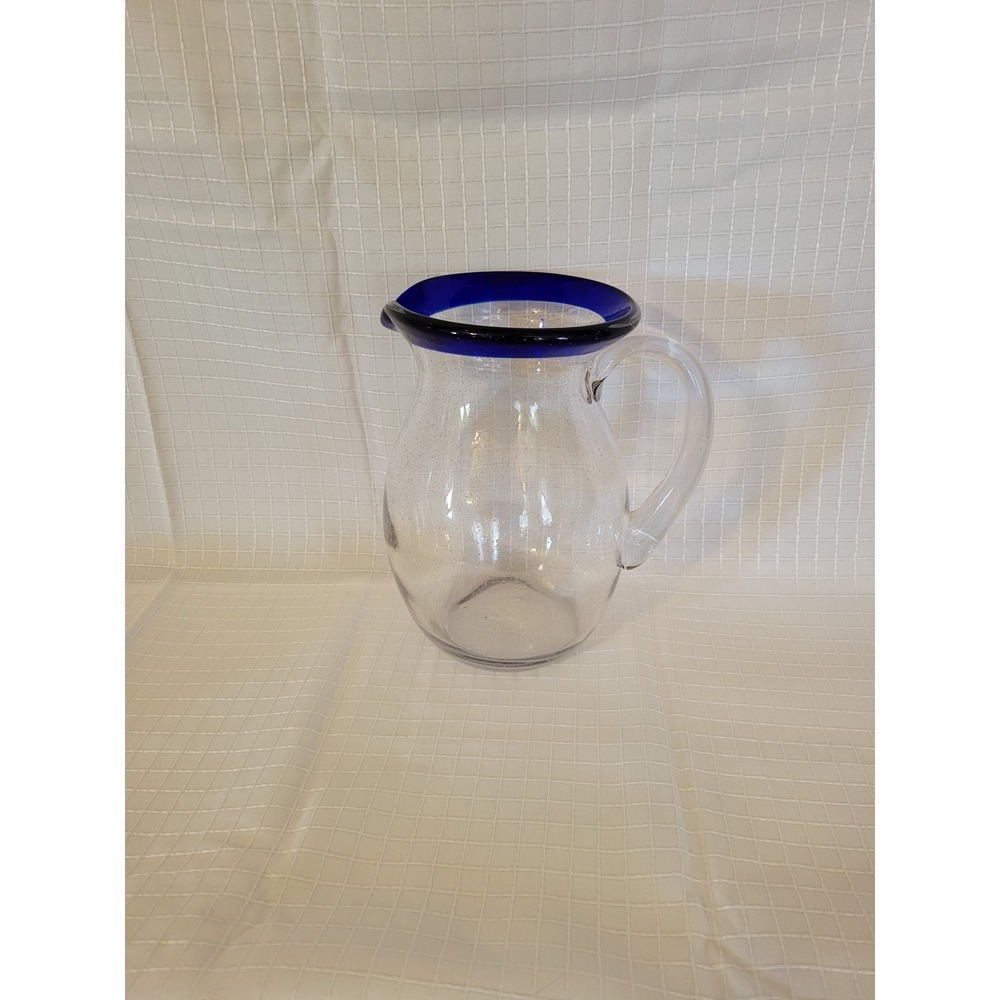 Mexican Hand Blown Glass Pitcher Cobalt Blue Rim Clear Seeded Glass Water Carafe